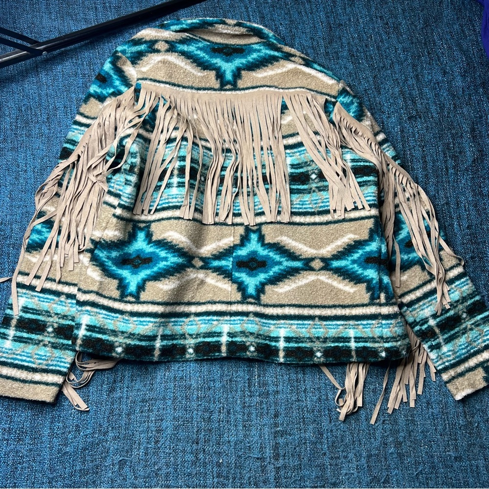 Rock N Roll Southwestern Fringe Boho Open Front Jacket Aztec Print in Blue Tan - Picture 2 of 7